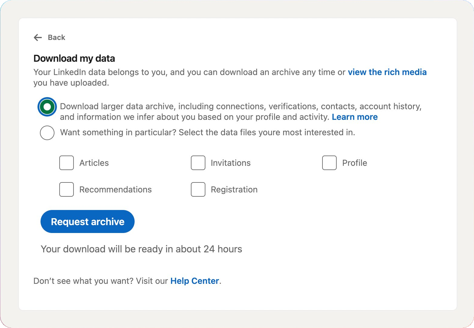 Download my data screen — pick the larger archive option